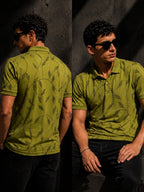 Mens Polo Neck Half Sleeve Printed T-Shirt with All Over Print Olive