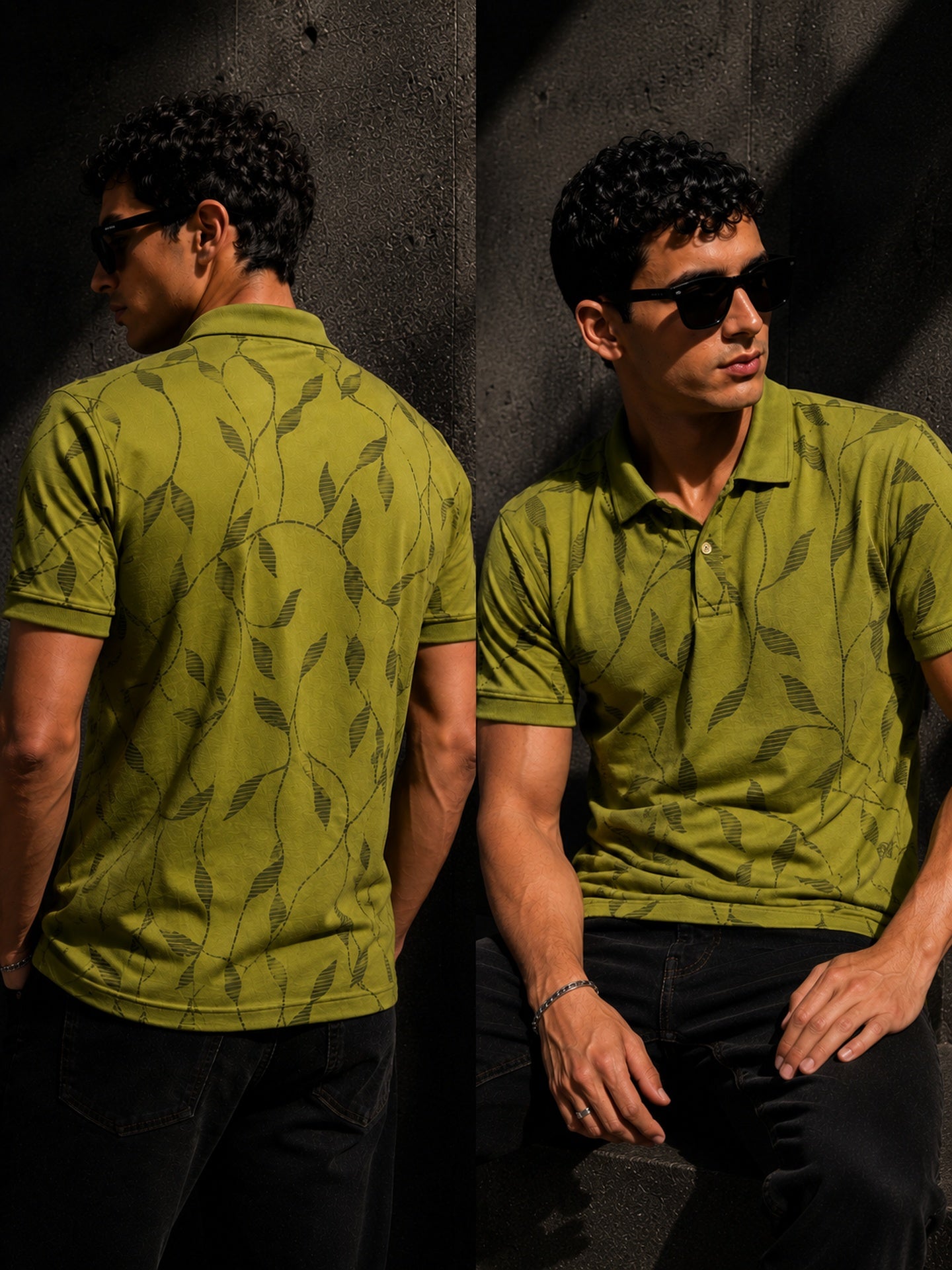 Mens Polo Neck Half Sleeve Printed T-Shirt with All Over Print Olive