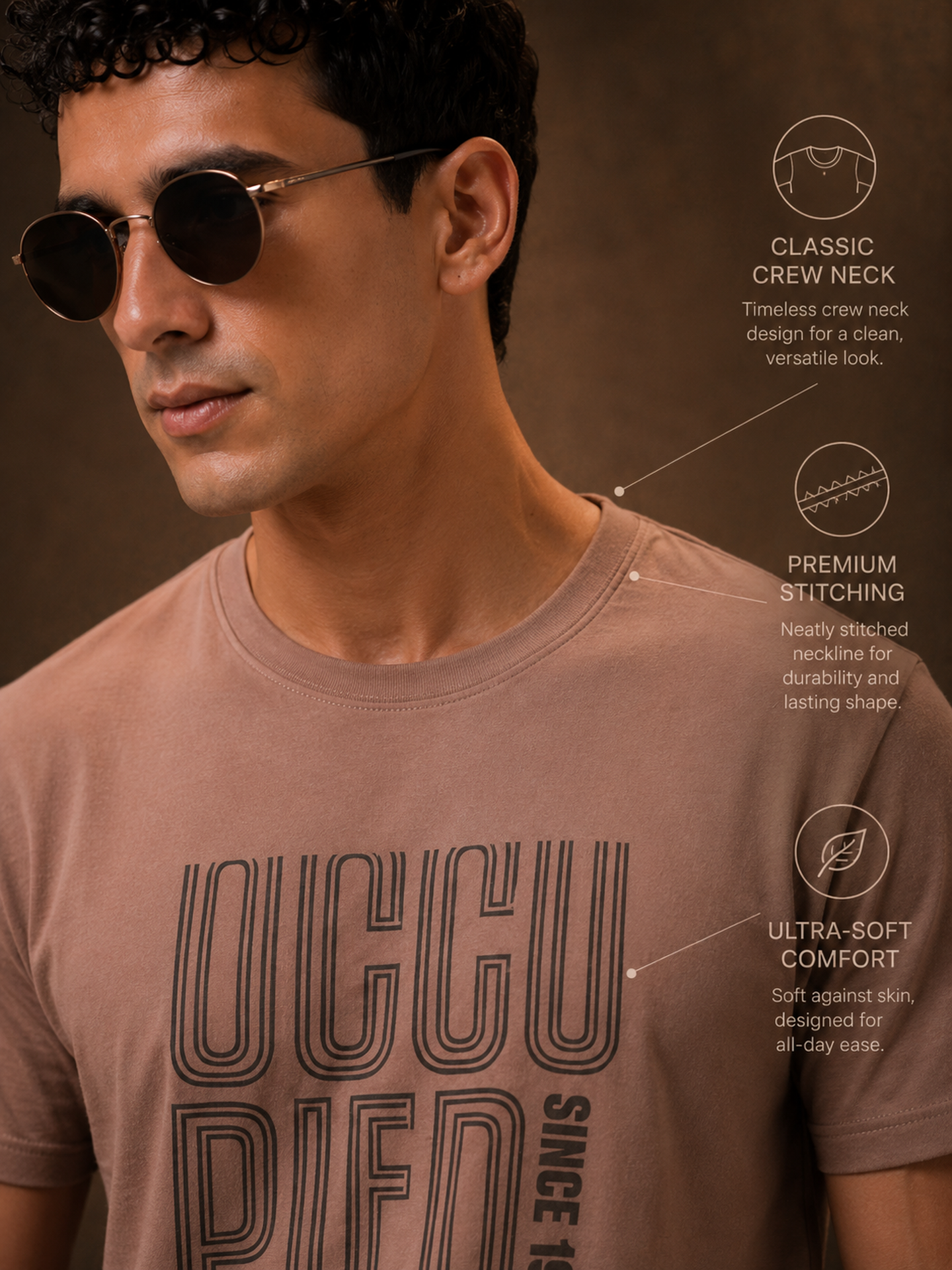 Mens Crew Neck Half Sleeve T-Shirt with Chest Print Brown