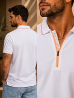 Mens Polo Neck Half Sleeve T-Shirt with Contrast Placket Print & Zipper White