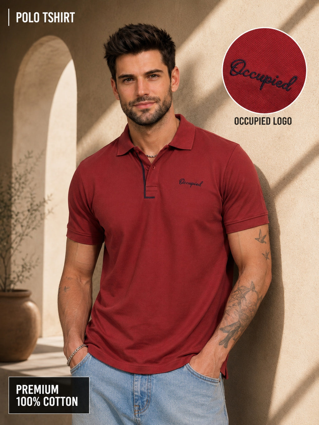 Mens Polo Neck Half Sleeve T-Shirt with Collar & Placket Fusing Maroon