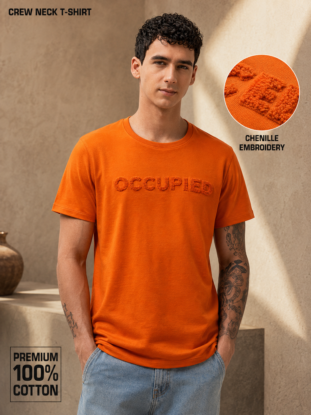 Mens Crew Neck Half Sleeve T-Shirt with Chenille Embroidery Orange