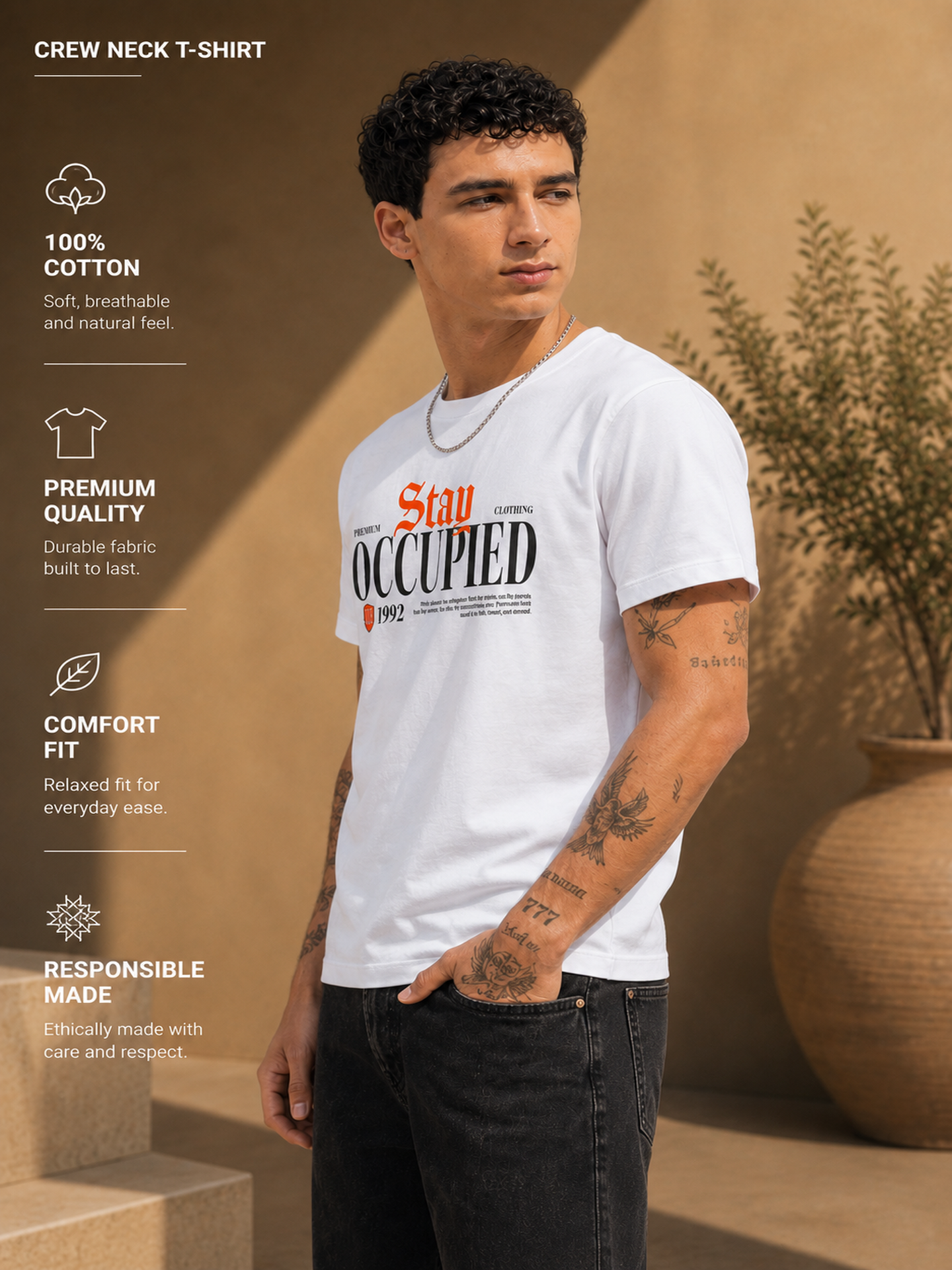 Mens Crew Neck Half Sleeve T-Shirt with Chest Print & Puff Effect White