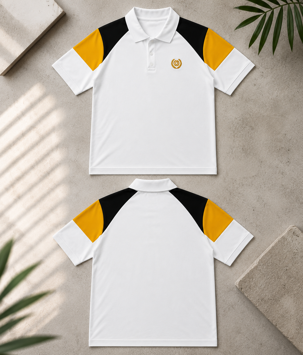 Mens Polo Neck Half Sleeve T-Shirt with  Chest Badge & Contrast Placket White
