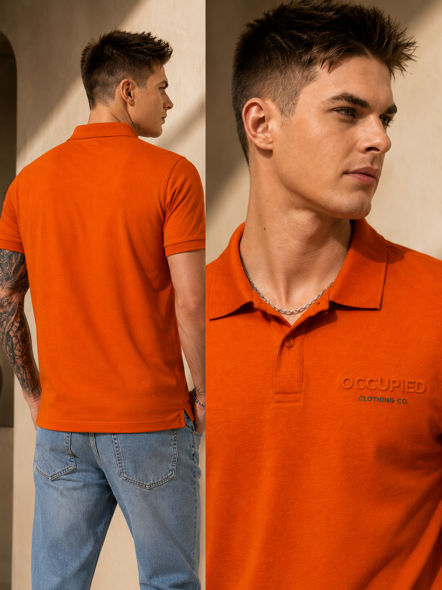 Mens Polo Neck Half Sleeve T-Shirt with  Chest Print Orange