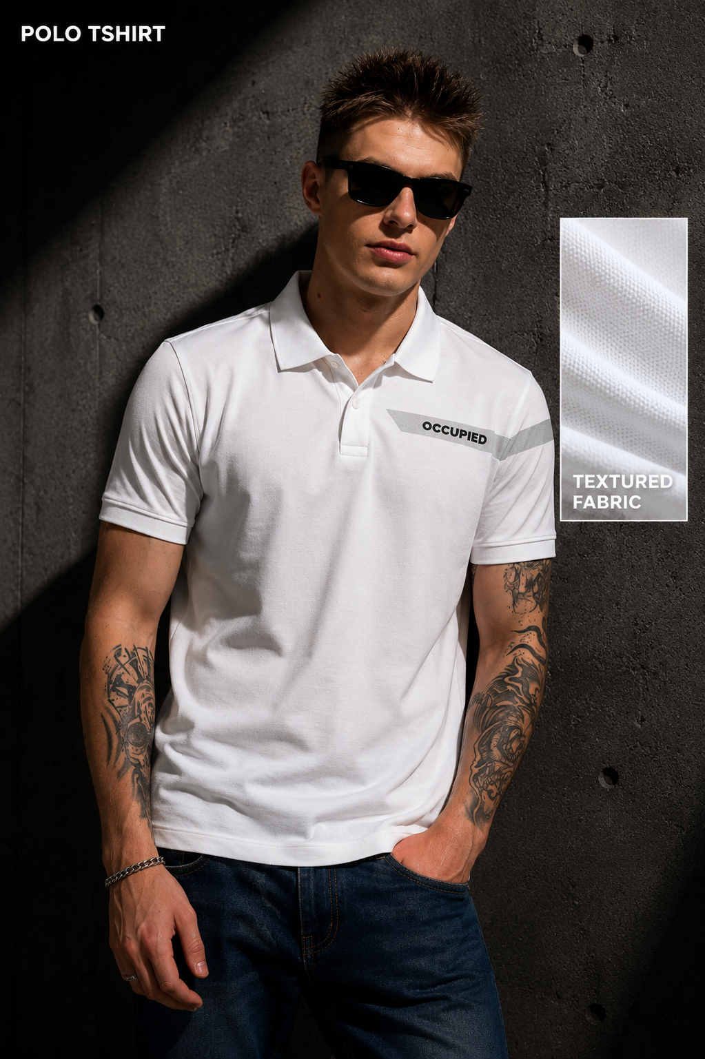 Mens Polo Neck Half Sleeve T-Shirt with Open Placket & HD Badge White
