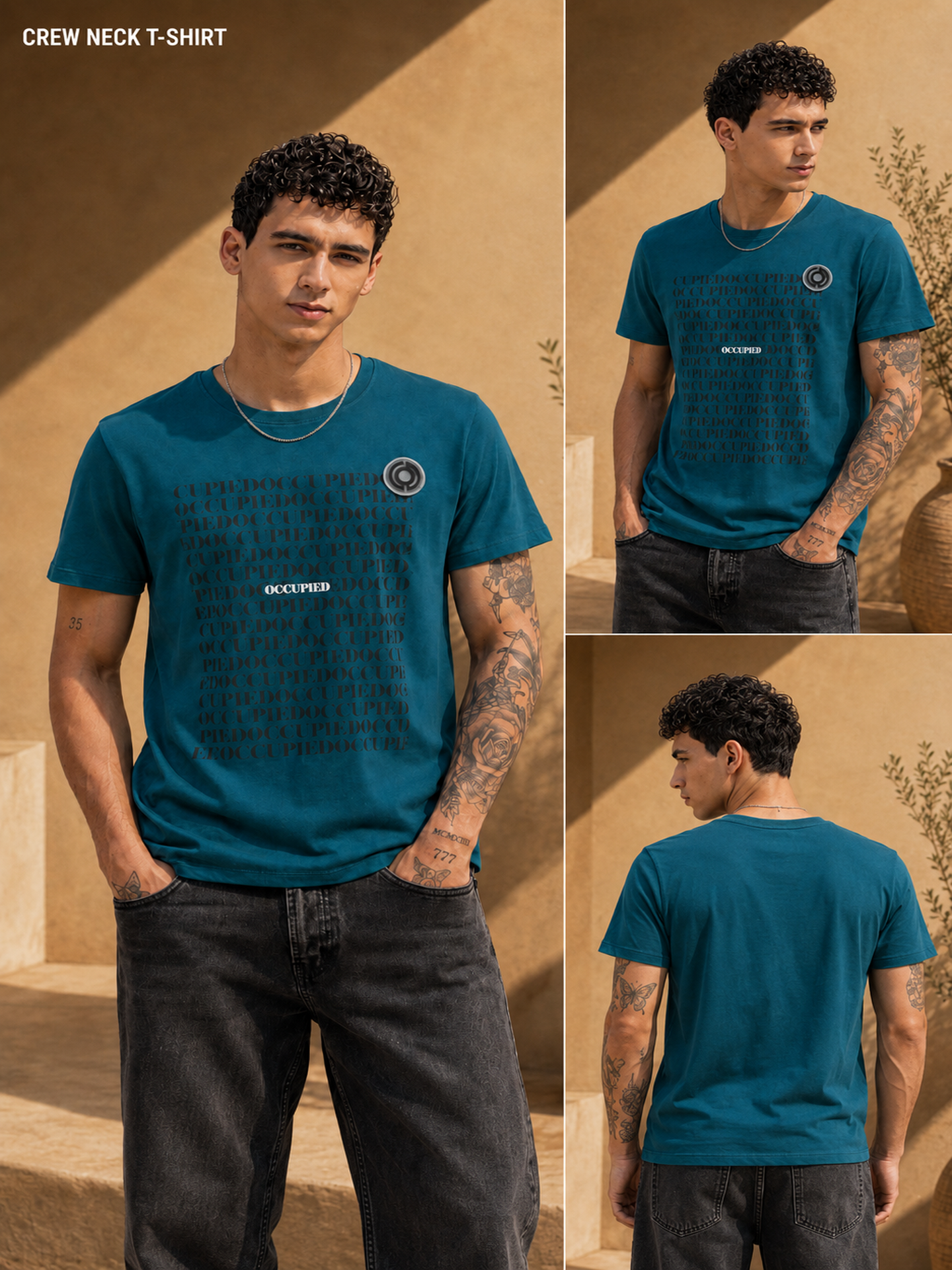 Mens Crew Neck Half Sleeve T-Shirt with and Silicon Chest Print & Badge Green