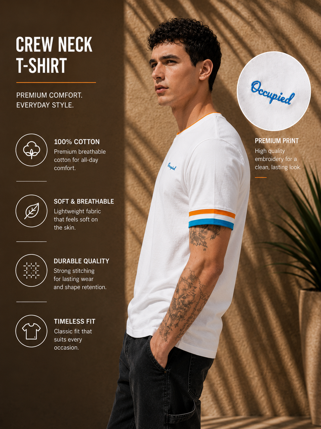 Mens Crew Neck Half Sleeve T-Shirt with Chest Print, Cuff, and Rib Detailing White