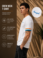 Mens Crew Neck Half Sleeve T-Shirt with Chest Print, Cuff, and Rib Detailing White