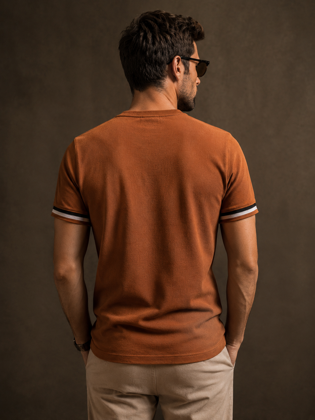 Mens Crew Neck Half Sleeve Solid T-Shirt with Contrast Cuff & Rib Brown