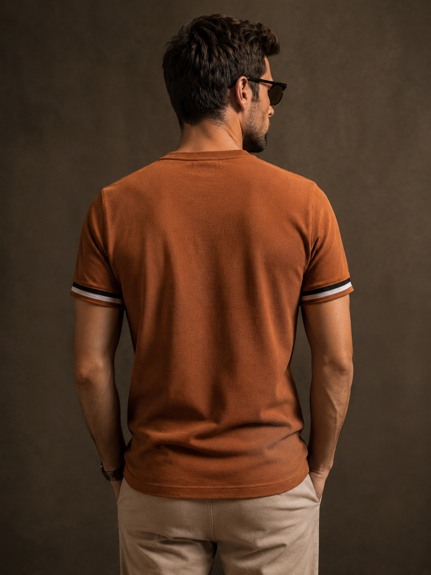 Mens Crew Neck Half Sleeve Solid T-Shirt with Contrast Cuff & Rib Brown
