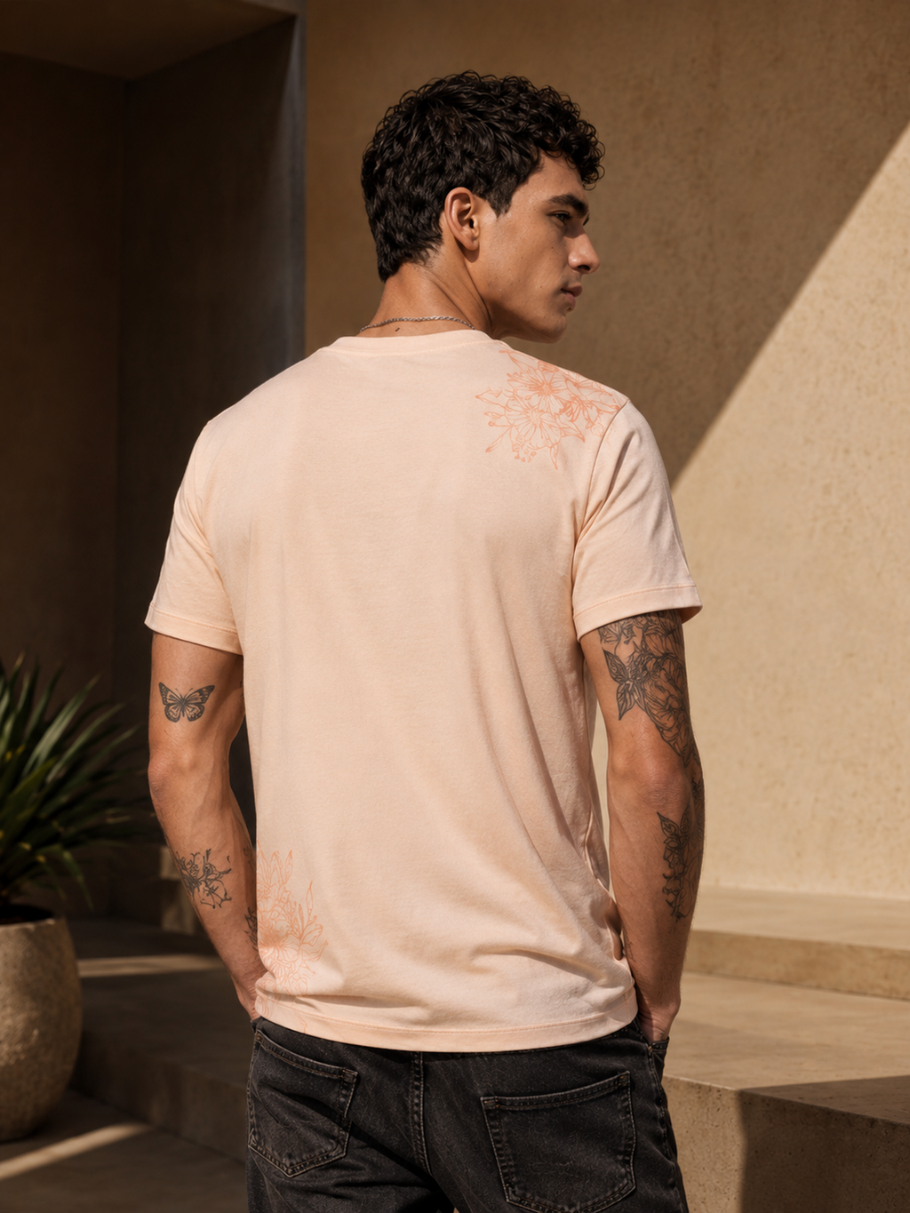 Mens Crew Neck Half Sleeve T-Shirt with Flock Chest Print Pink