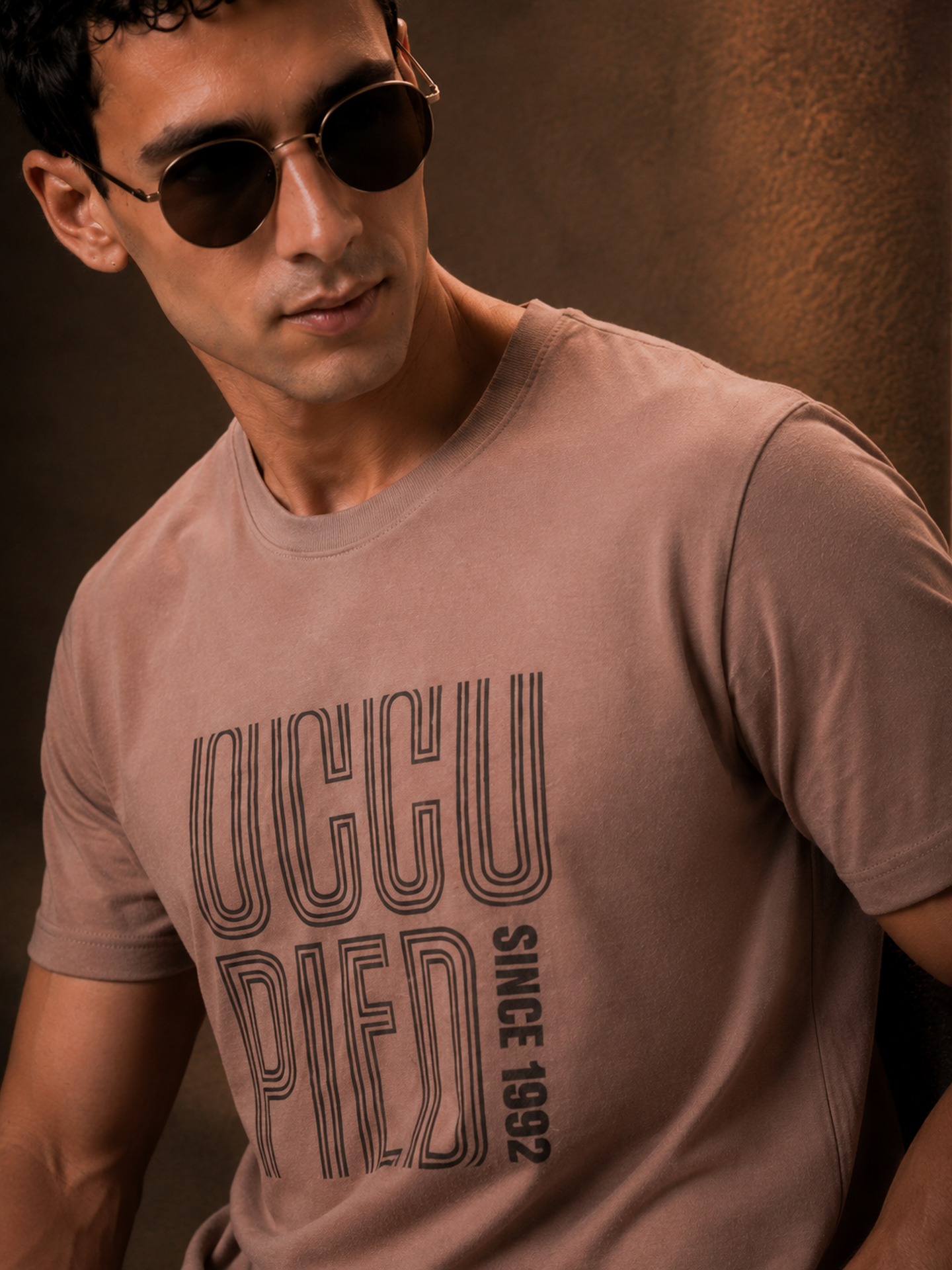 Mens Crew Neck Half Sleeve T-Shirt with Chest Print Brown