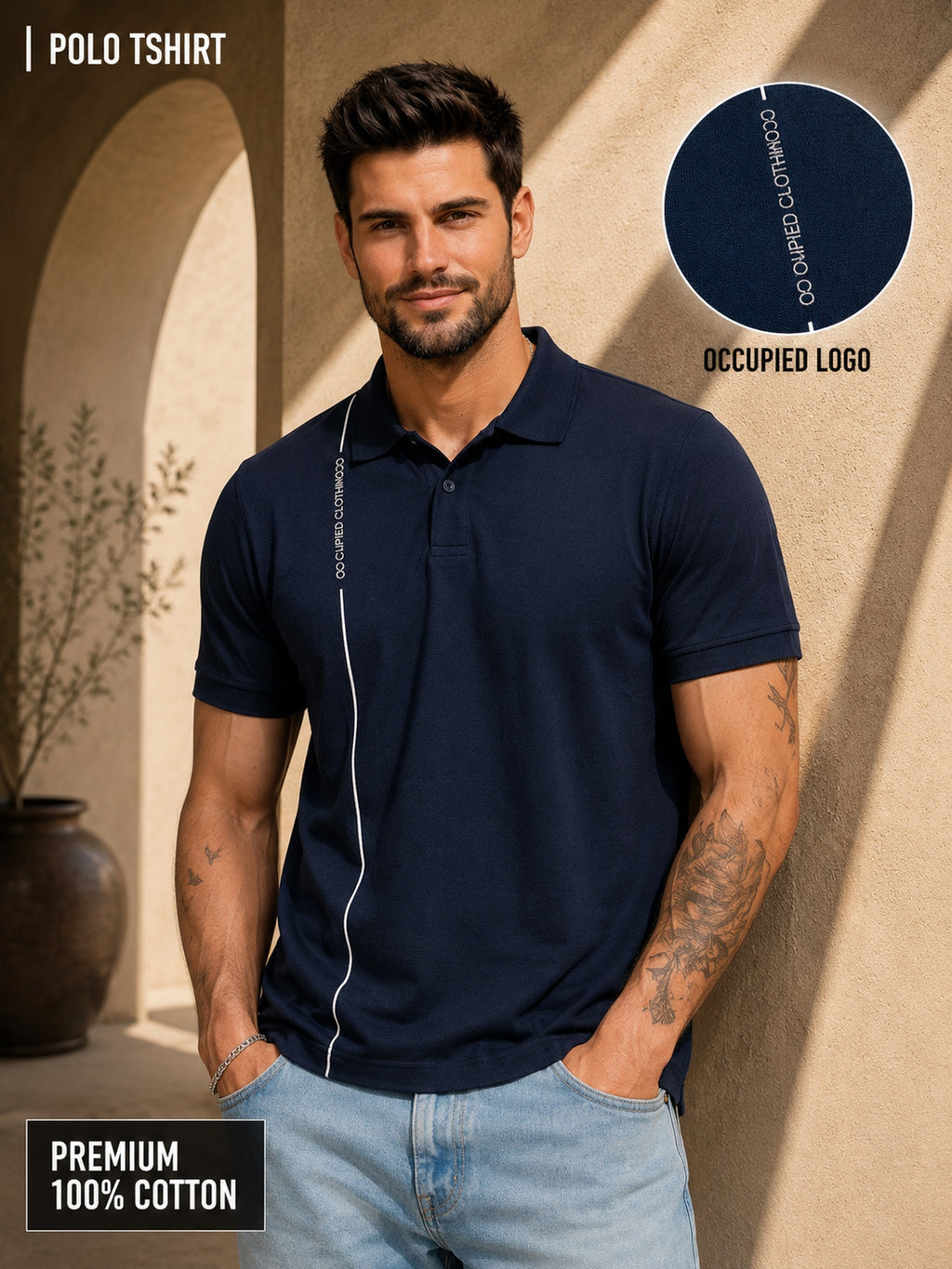 Mens Polo Neck Half Sleeve T-Shirt with Print Navy Blue