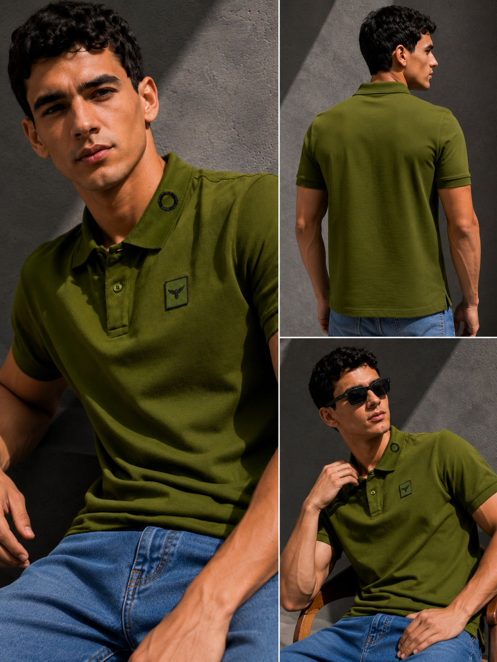 Mens Polo Neck Half Sleeve T-Shirt with Cut and Sew Contrast Sleeve Olive