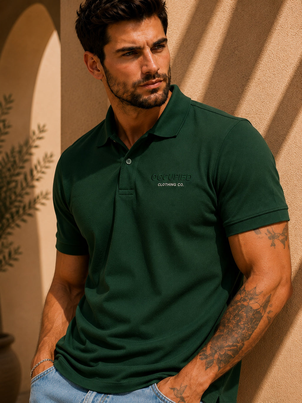 Mens Polo Neck Half Sleeve T-Shirt with Chest PrintGreen