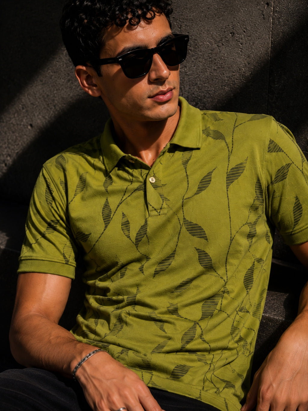 Mens Polo Neck Half Sleeve Printed T-Shirt with All Over Print Olive