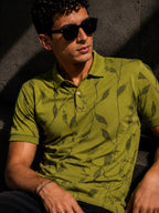 Mens Polo Neck Half Sleeve Printed T-Shirt with All Over Print Olive