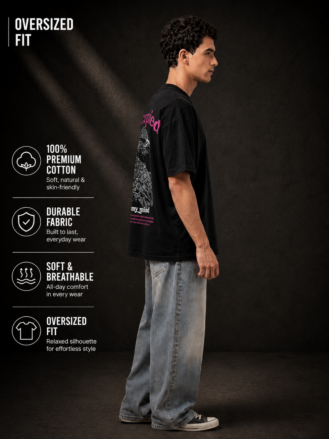 Mens Crew Neck Half Sleeve T-Shirt with Puff Print Black