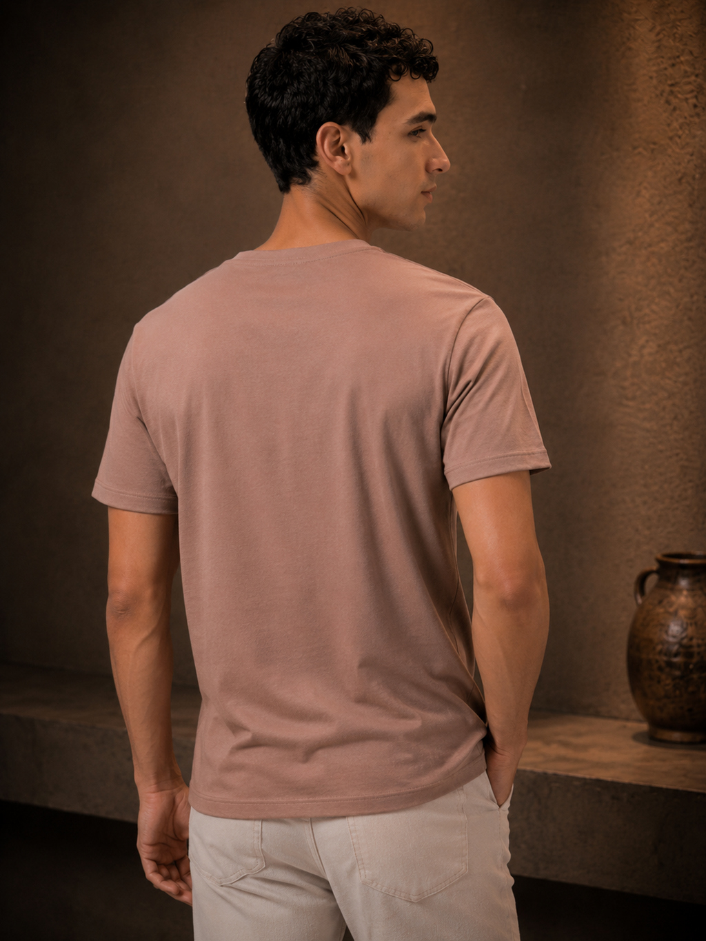 Mens Crew Neck Half Sleeve T-Shirt with Chest Print Brown
