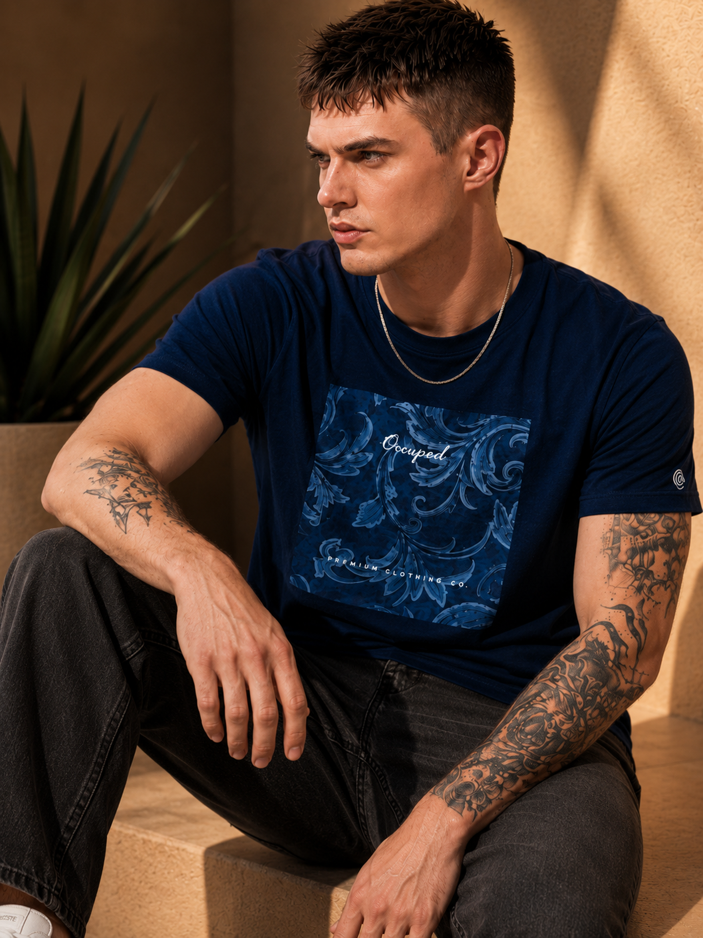Mens Crew Neck Half Sleeve T-Shirt with  Chest Print Navy Blue