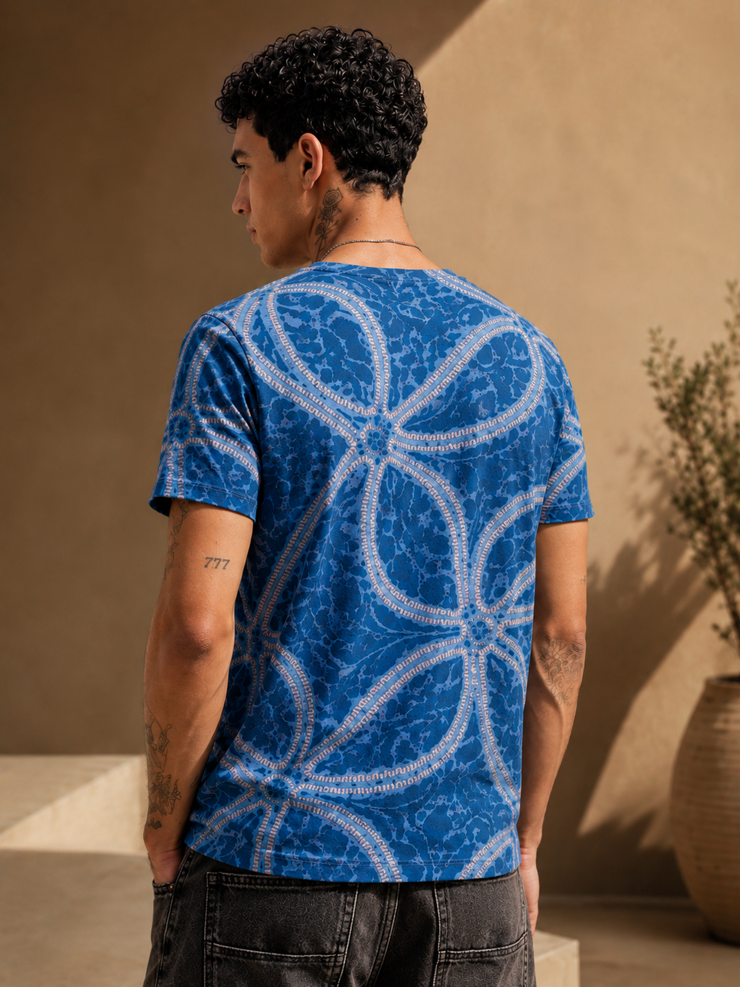 Mens Crew Neck Half Sleeve T-Shirt with Chest Print Blue