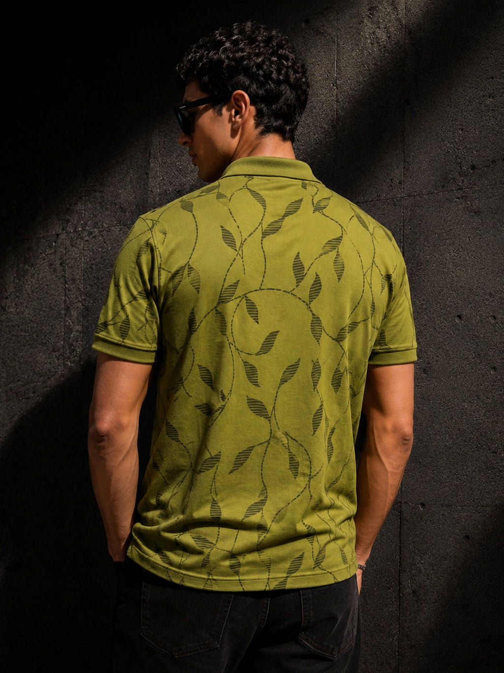 Mens Polo Neck Half Sleeve Printed T-Shirt with All Over Print Olive