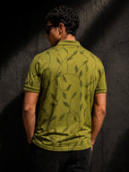 Mens Polo Neck Half Sleeve Printed T-Shirt with All Over Print Olive