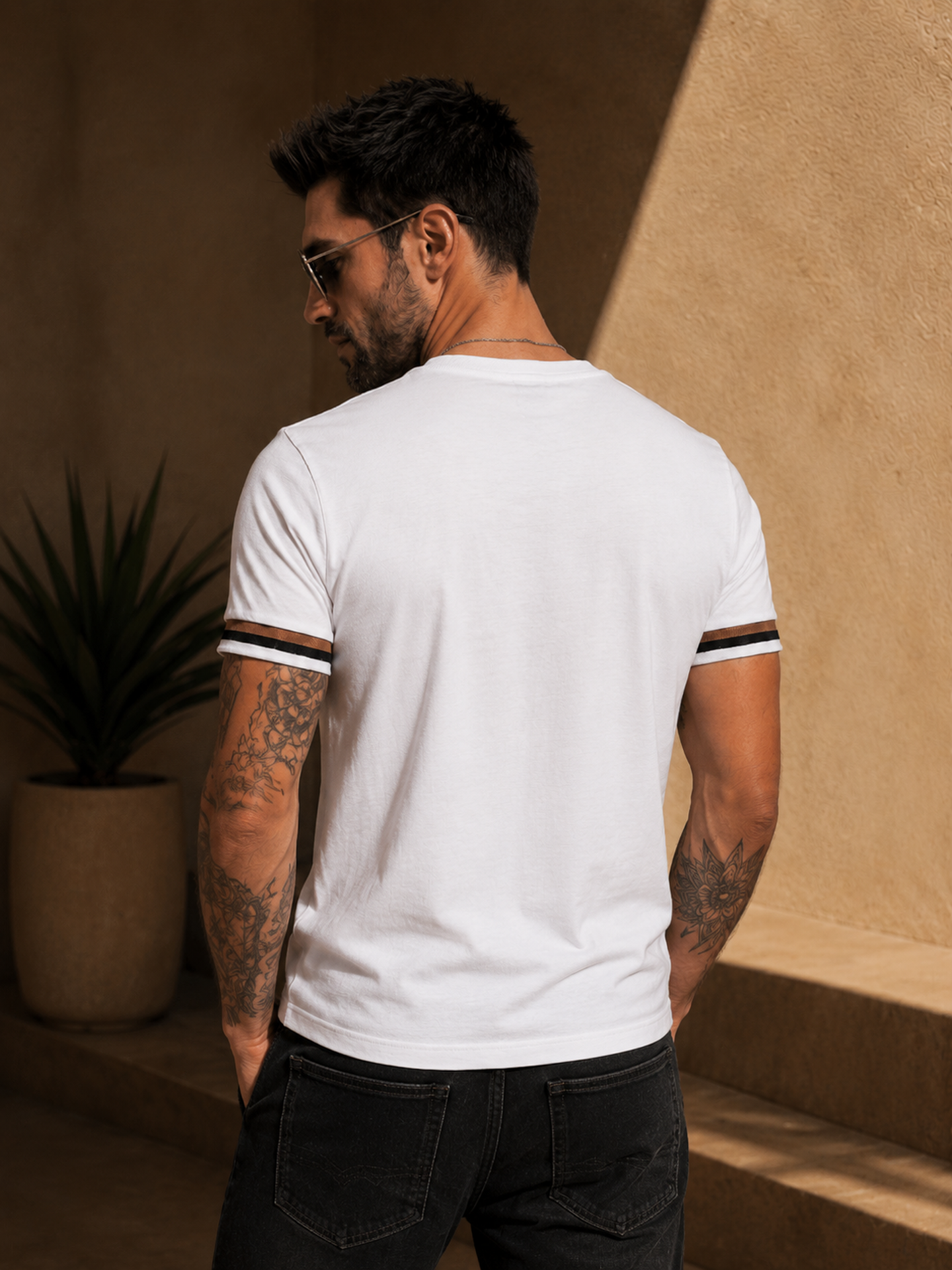 Mens Crew Neck Half Sleeve Solid T-Shirt with Contrast Cuff & Rib White