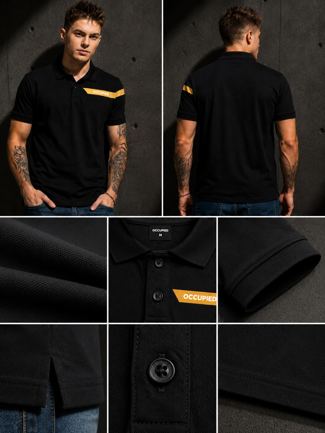 Mens Polo Neck Half Sleeve T-Shirt with Open Placket & HD Badge Black