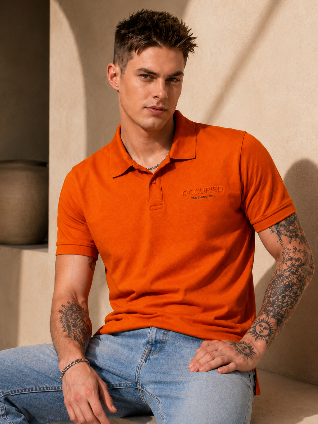 Mens Polo Neck Half Sleeve T-Shirt with  Chest Print Orange