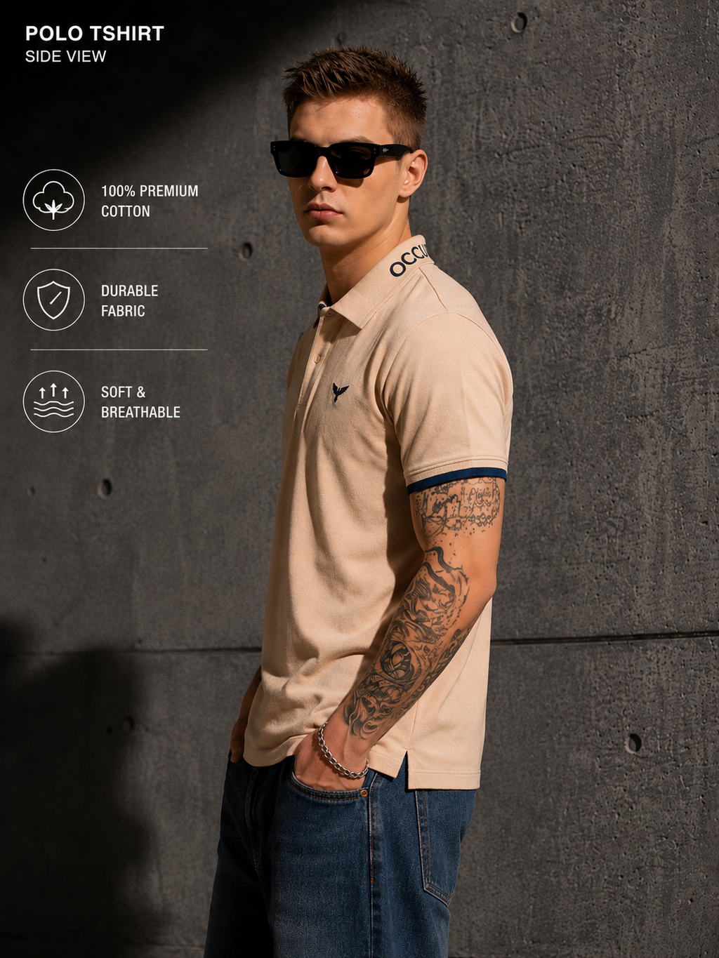 Mens Polo Neck Half Sleeve T-Shirt with  Chest Badge & Contrast Placket Brown