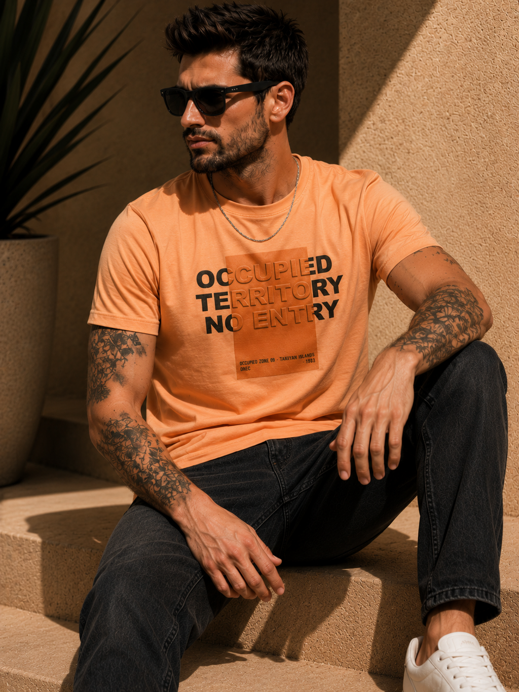 Mens Crew Neck Half Sleeve T-Shirt with Chest Print & Puff Effect Orange