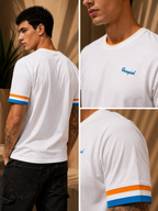 Mens Crew Neck Half Sleeve T-Shirt with Chest Print, Cuff, and Rib Detailing White