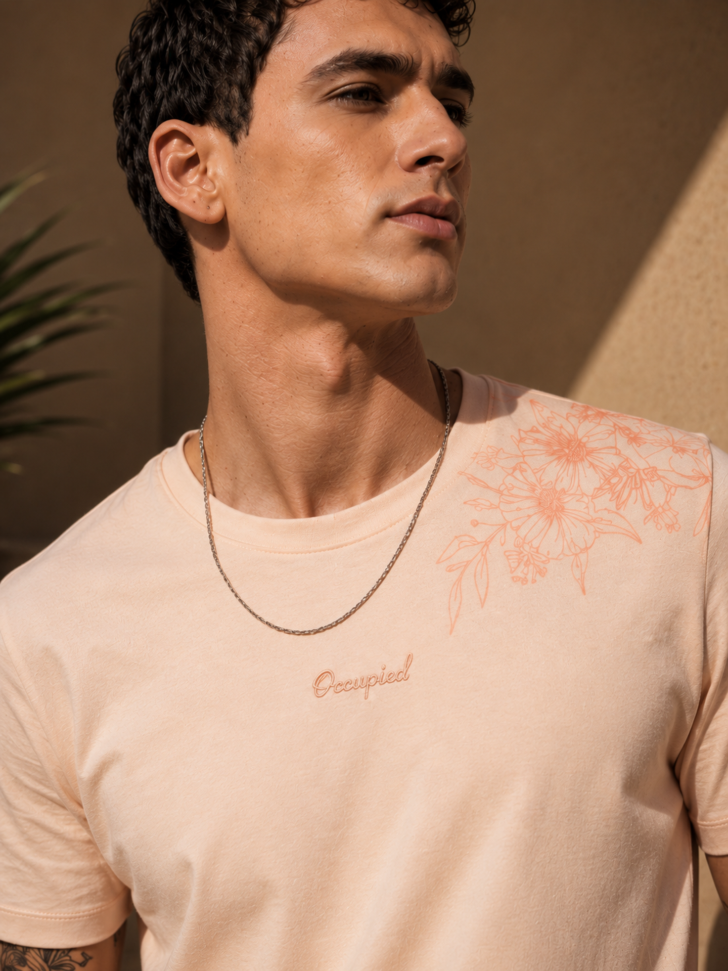 Mens Crew Neck Half Sleeve T-Shirt with Flock Chest Print Pink