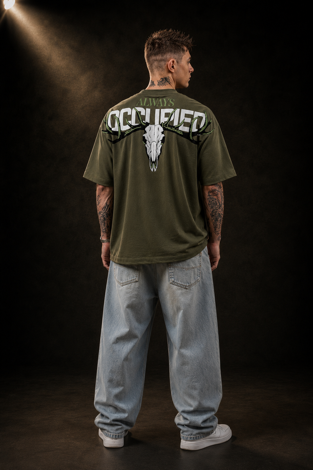 Mens Crew Neck Half Sleeve T-Shirt with Puff Print Olive