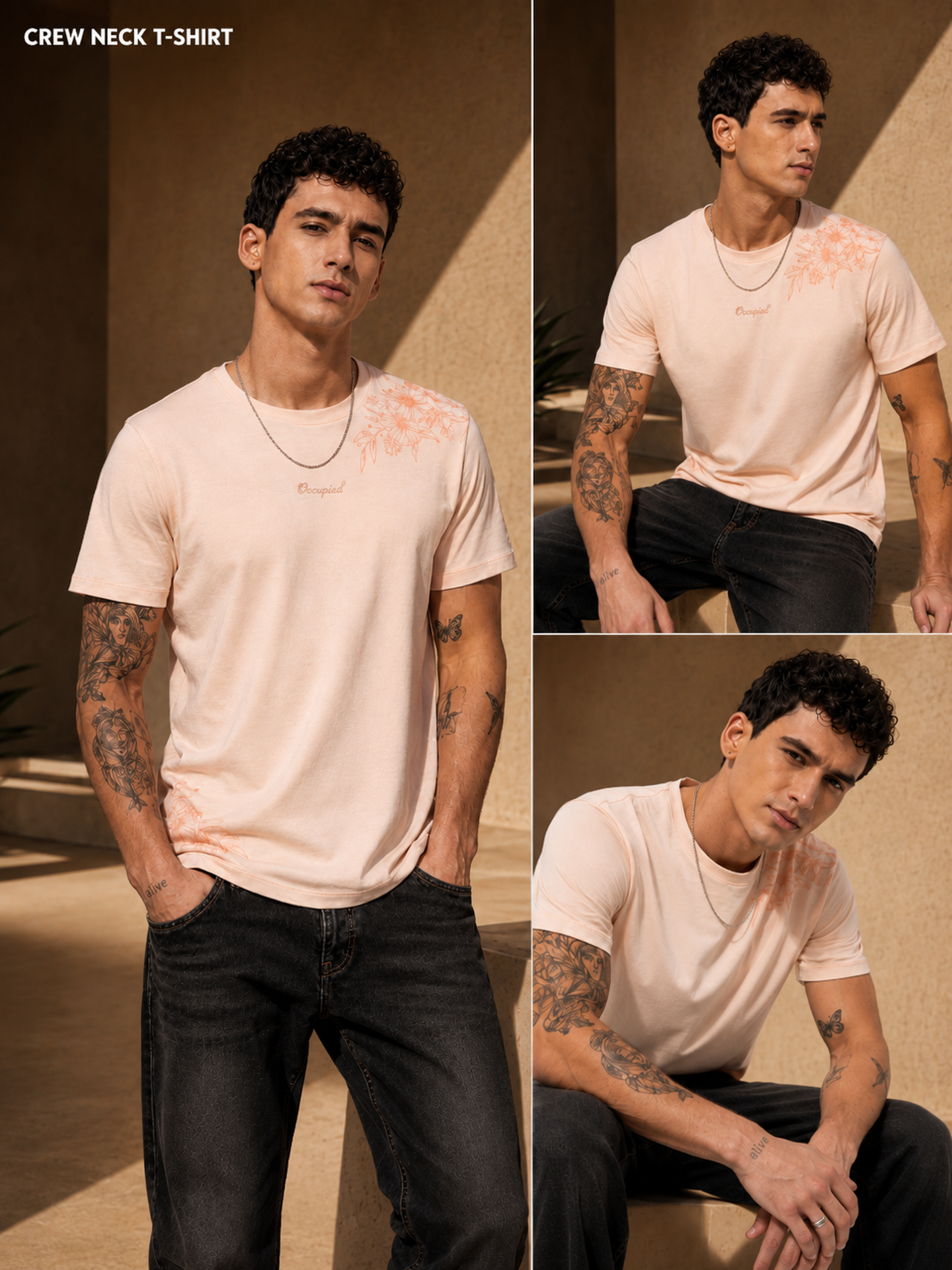 Mens Crew Neck Half Sleeve T-Shirt with Flock Chest Print Pink