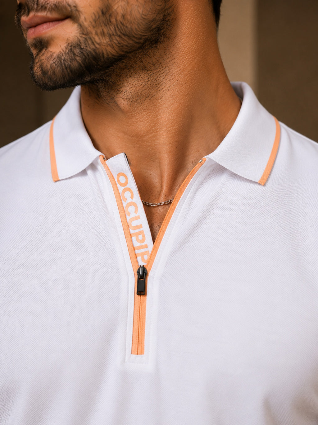 Mens Polo Neck Half Sleeve T-Shirt with Contrast Placket Print & Zipper White