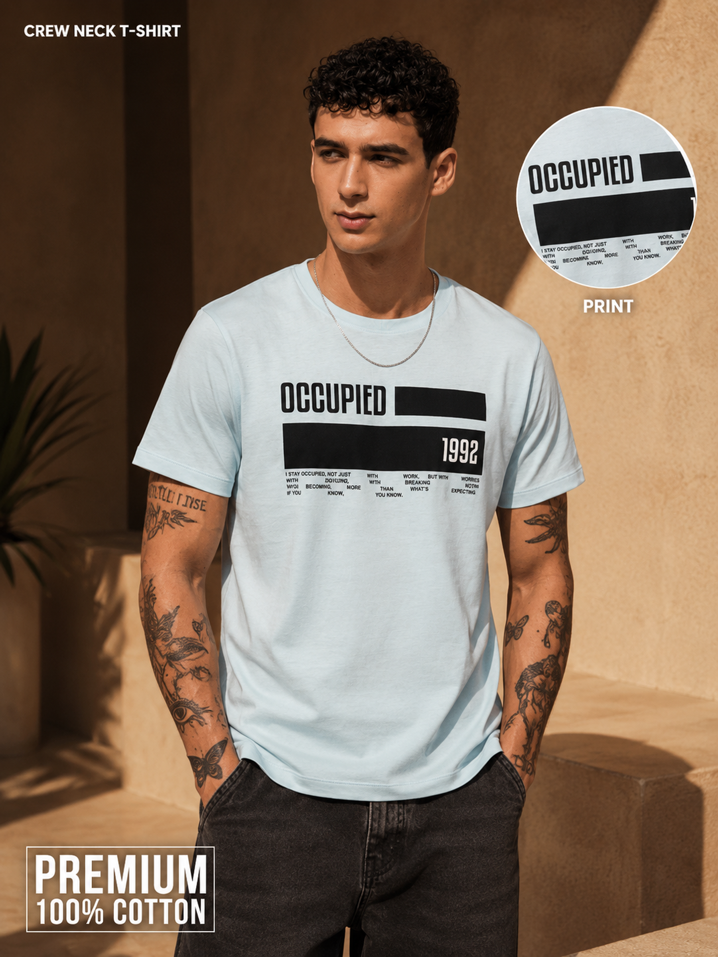 Mens Crew Neck Half Sleeve T-Shirt with  Chest Print Light Blue