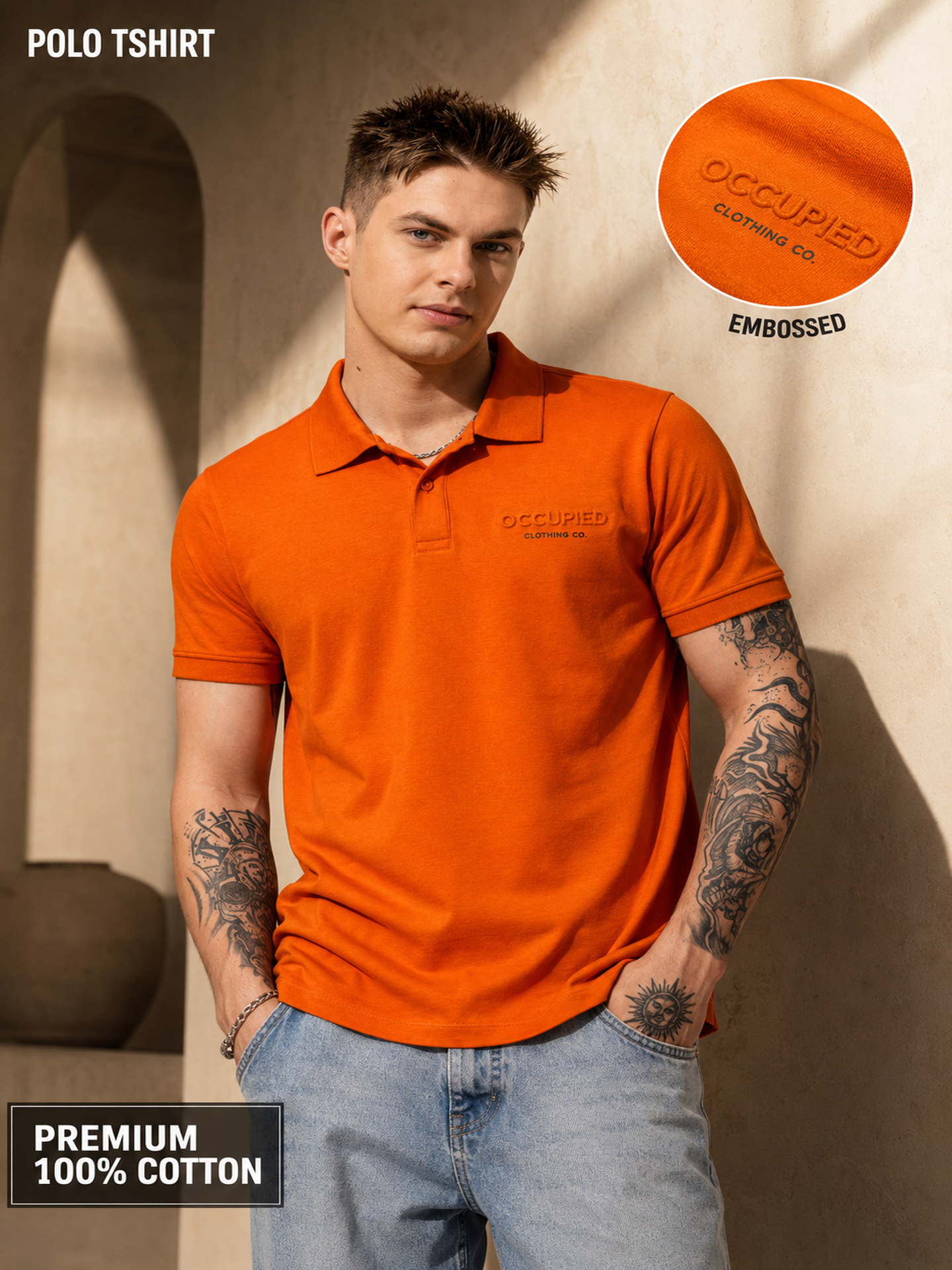 Mens Polo Neck Half Sleeve T-Shirt with  Chest Print Orange