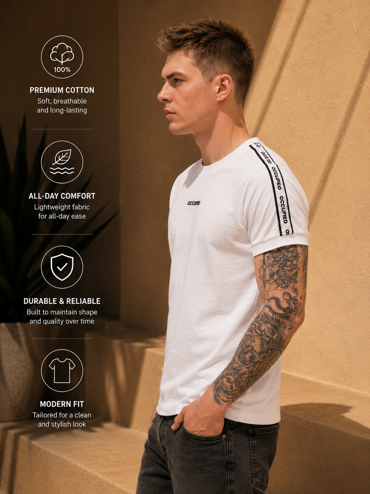 Mens Crew Neck Half Sleeve T-Shirt with  Chest Print White