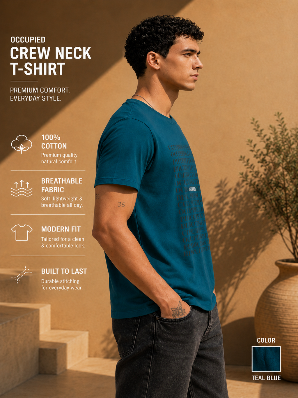 Mens Crew Neck Half Sleeve T-Shirt with and Silicon Chest Print & Badge Green
