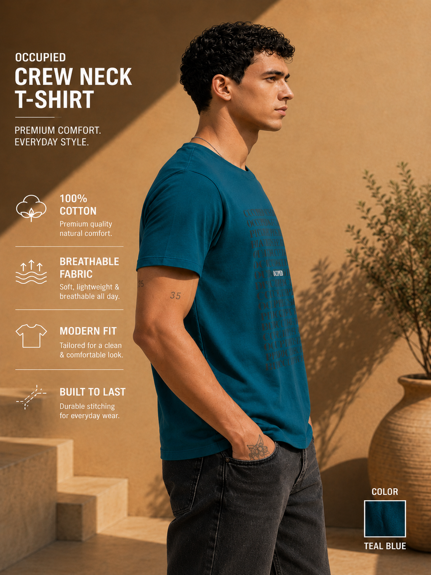 Mens Crew Neck Half Sleeve T-Shirt with and Silicon Chest Print & Badge Green