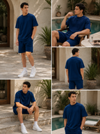 Mens Co-Ords Set with  Chest Print & Contrast Sleeve Navy