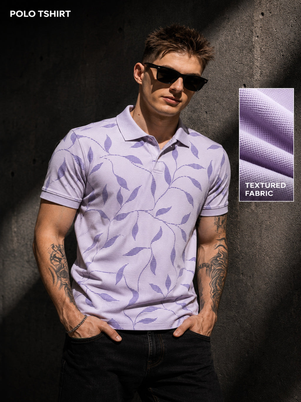 Mens Polo Neck Half Sleeve Printed T-Shirt with All Over Print Purple
