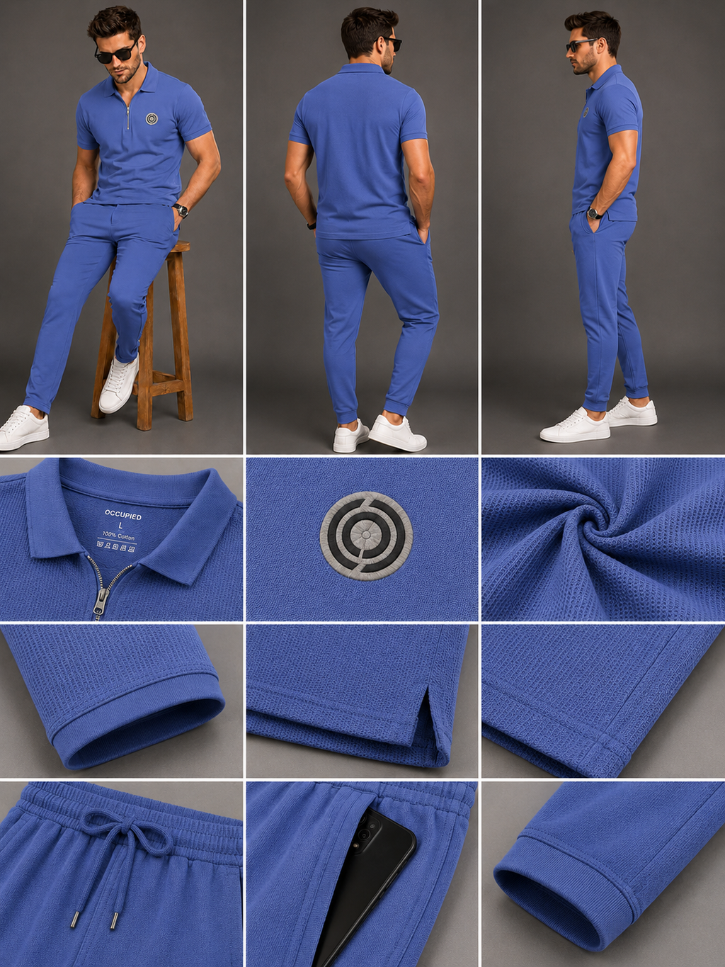 Mens Co-Ords Set with  Badge & Zipper Stone Blue