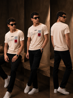 Mens Crew Neck Half Sleeve T-Shirt with Chest Print & Woven Badge Off White