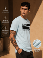 Mens Crew Neck Half Sleeve T-Shirt with  Chest Print Light Blue