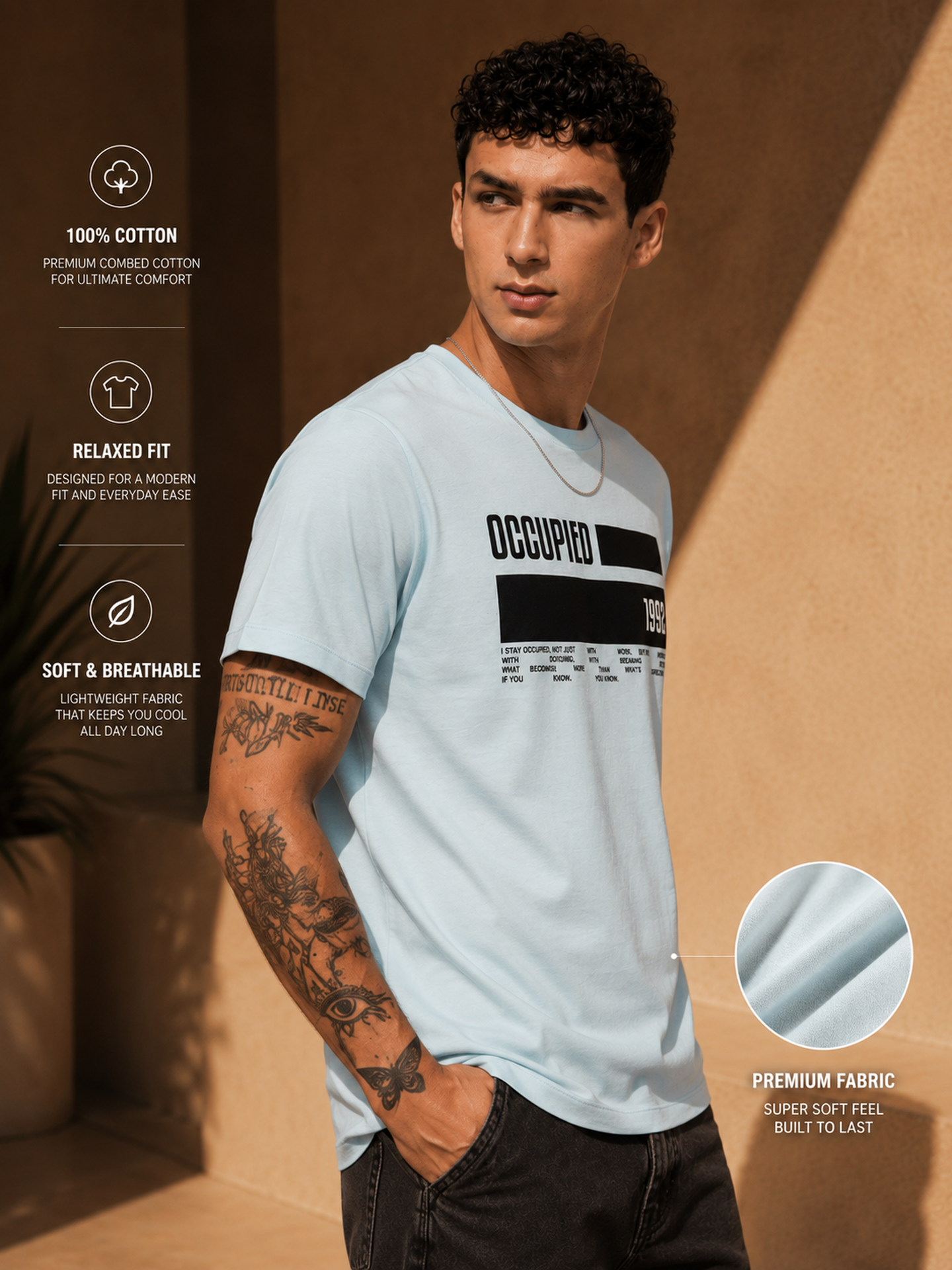 Mens Crew Neck Half Sleeve T-Shirt with  Chest Print Light Blue