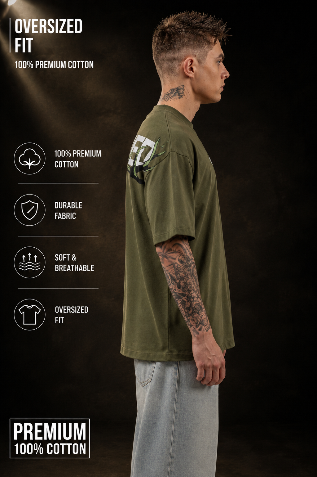 Mens Crew Neck Half Sleeve T-Shirt with Puff Print Olive
